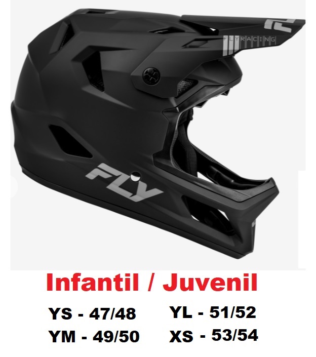 CAPACETE FLY RAYCE FULL FACE PRETO FOSCO JUVENIL / INFANTIL XS - 53/54 